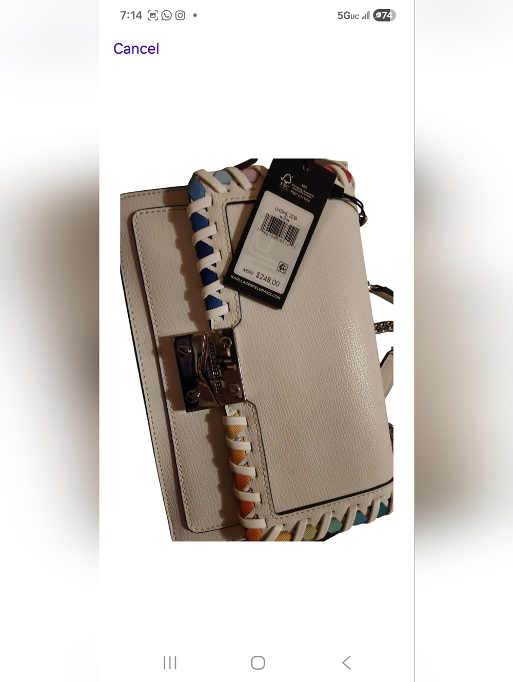 ❌️SOLD ❌️NWT Karl Lagerfeld White Leather Crossbody Chain Bag Multicolor Trim - Picture 7 of 8